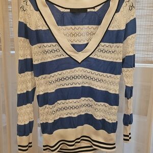 L.A.M.B. Women's V-Neck Sweater in Blue and White Y2K